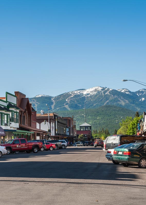 A view down Central Avenue in downtown Whitefish, Montana, looking towards Whitefish Mountain Resort