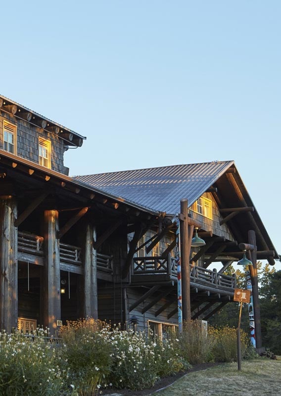 Glacier Park Lodge, with columns of Douglas Fir shines in the sunlight