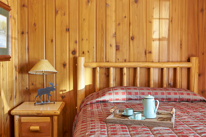 Quaint motel room with natural pine walls, wood accented furniture and a queen bed