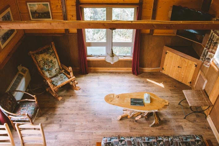 The interior of a wooden cabin