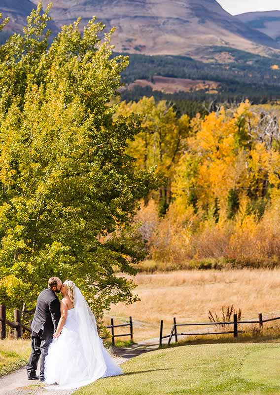 Bride and groom kissing at the edge of a field, with forests and mountains behind