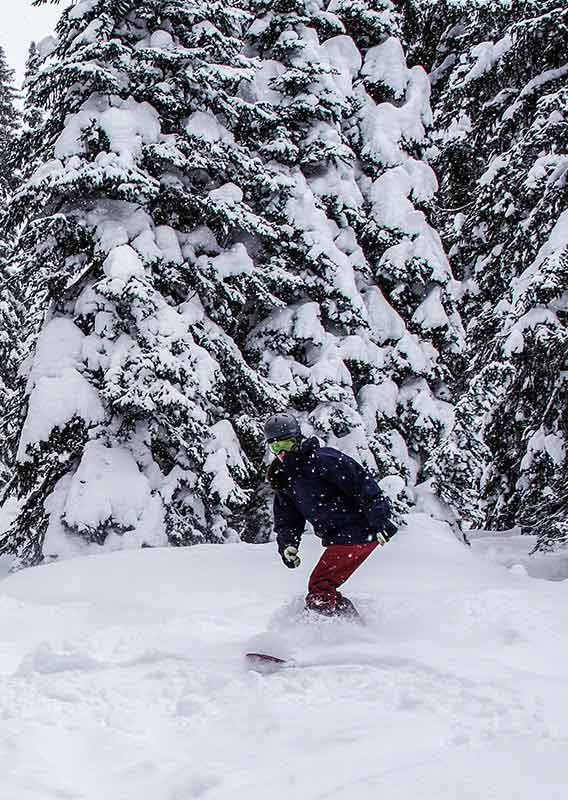 Skiier and Snowboarder going through knee deep powder snow