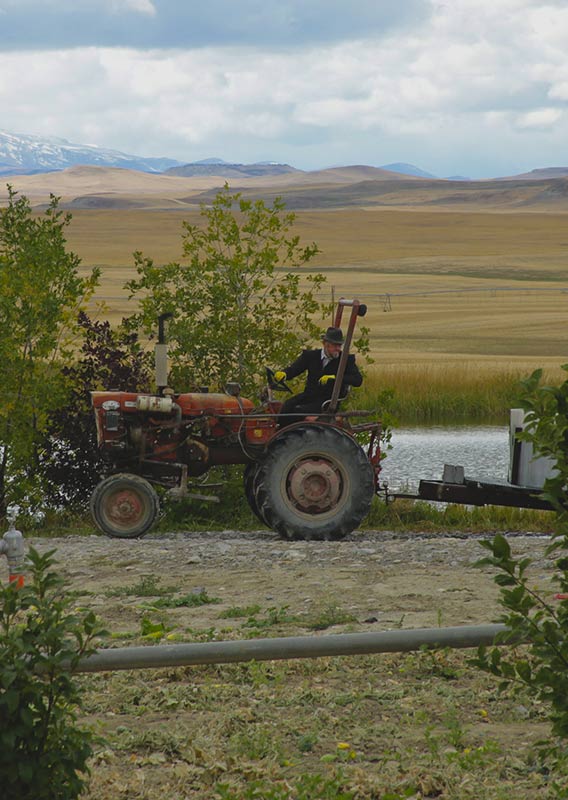 A farmer drives a tractor across a field.